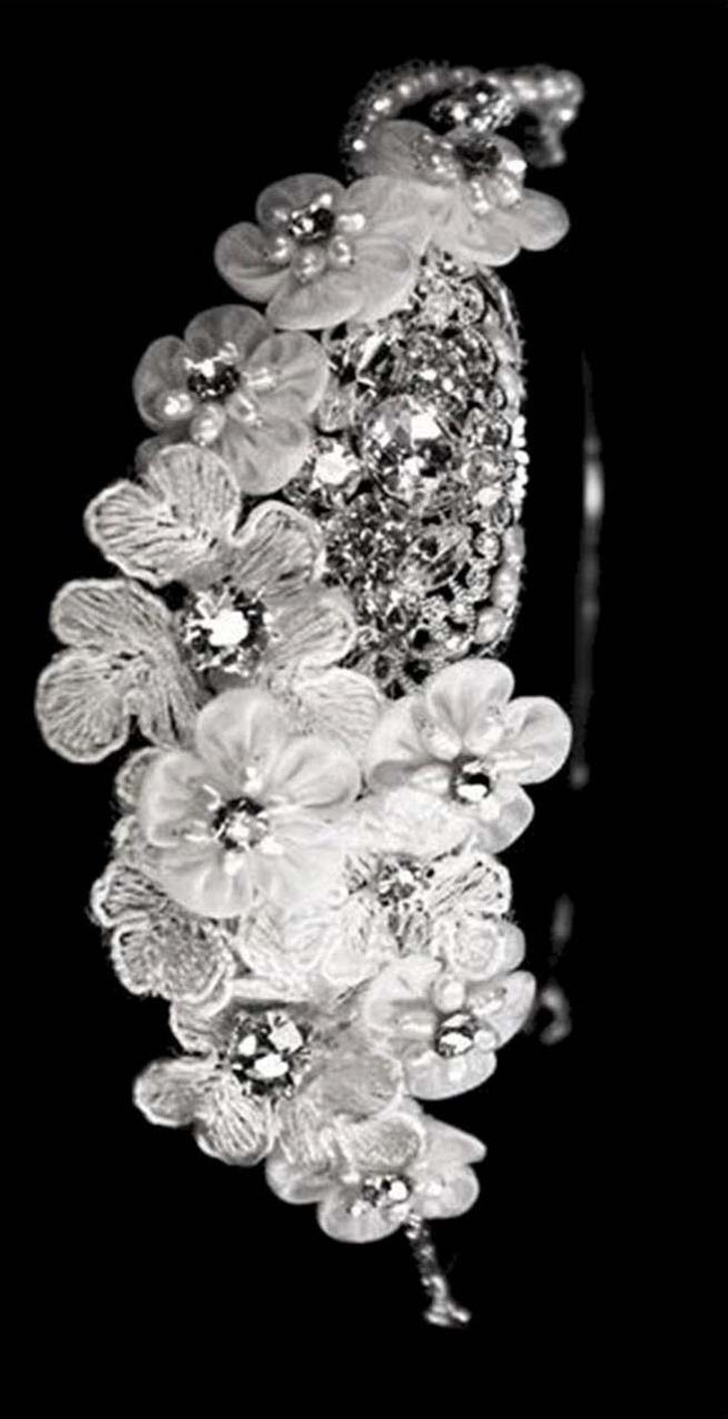 Noelle & Ava - Attractive Blossoming Lace And Chiffon Flowers Side Band Accented With Rhinestone Centered Fresh Water Pearl Flowers, Exaggerated By Rhinestone Covered Oval Emblem With Pearl And Bugle Bead Stringed Borderline