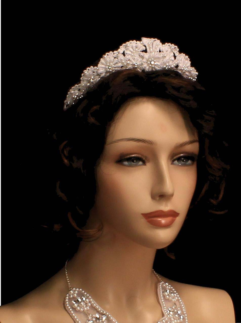 Noelle & Ava - Charming Laced Flower Crown Accented With Pearl Flowers With Rhinestone Center, And Scattered Rhinestones
