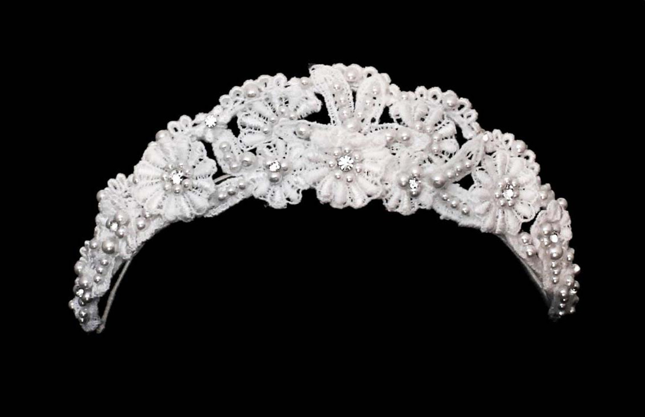 Noelle & Ava - Charming Laced Flower Crown Accented With Pearl Flowers With Rhinestone Center, And Scattered Rhinestones