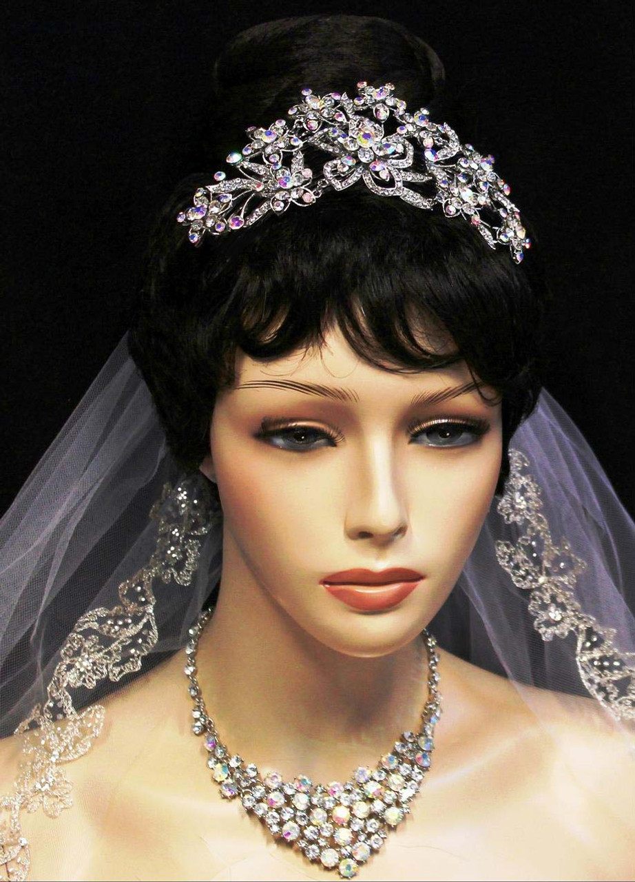 Noelle & Ava - Trendy Headpiece Or Side Piece With Dimensional Flower Design With 3 Combs On 3 Loosely Connected Sections. AB Stones