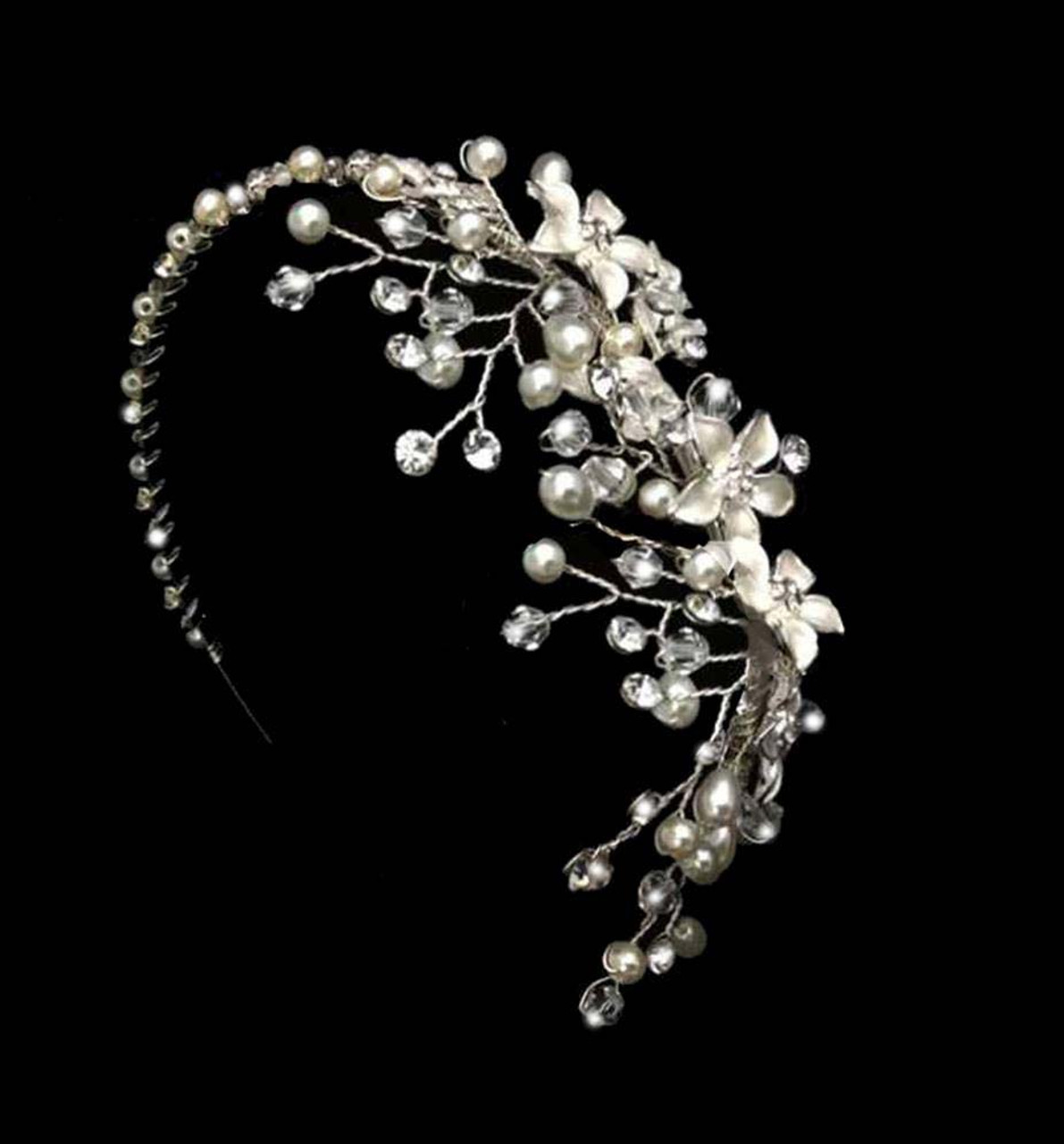 Noelle & Ava - Floral Design Side Band With Floating Crystals, Fresh Water Pearls And Rhinestones