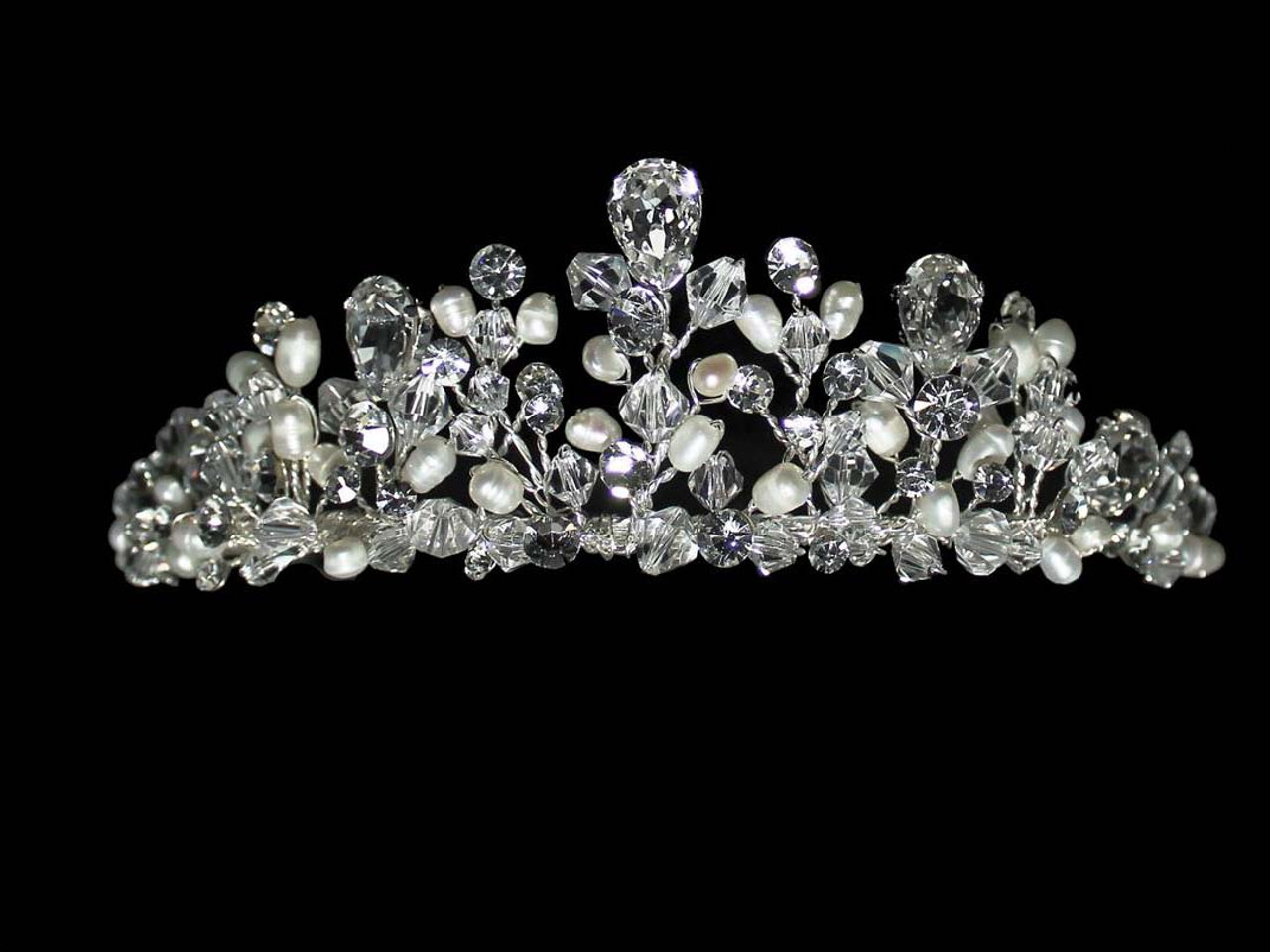 Noelle & Ava - Splendid Tiara Of Large Pear Rhinestones, Hand Wired Floating Crystals And Fresh Water Pearls