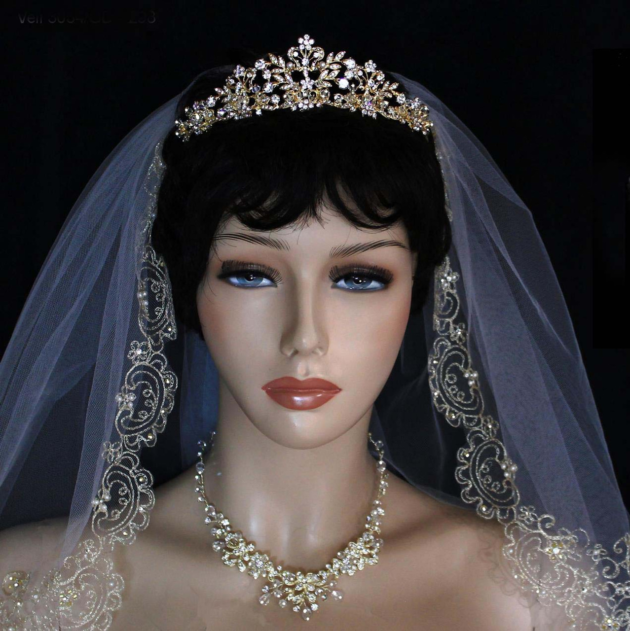 Noelle & Ava - Rhinestone Floral Tiara With Floating Hand Wired Crystals, Pearls And Rhinestone Encrusted Leaves