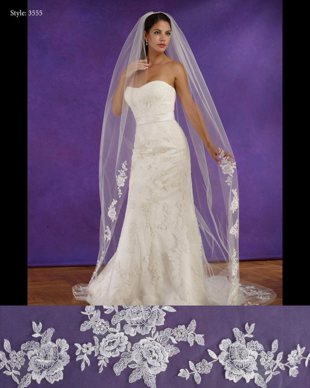 Marionat Bridal Veils 3555 - 108” Long lace appliques with cut edge - The Bridal Veil Company