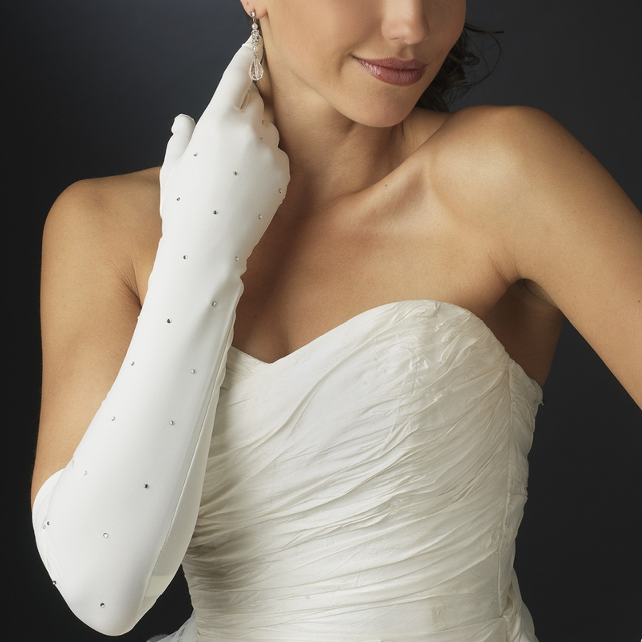 BRIDAL GLOVES STRETCH SATIN GLOVES WITH SHIMMERING RHINESTONE ACCENTS 
