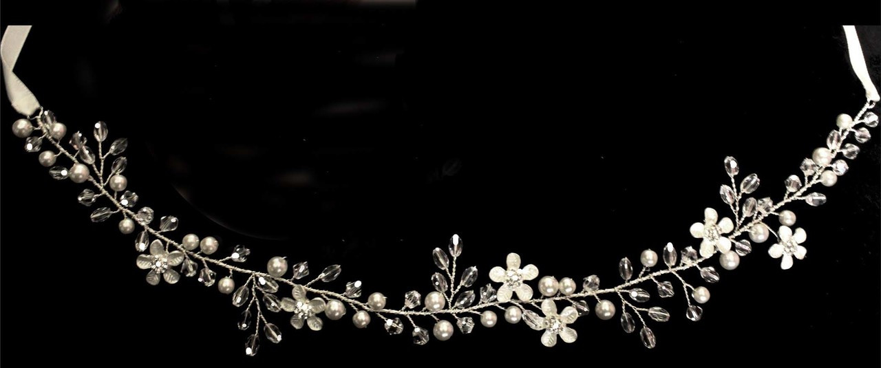 Noelle & Ava - Charming Hand Wired Soft Band With Six Flowers, Floating Crystals And Pearls. Total 60"