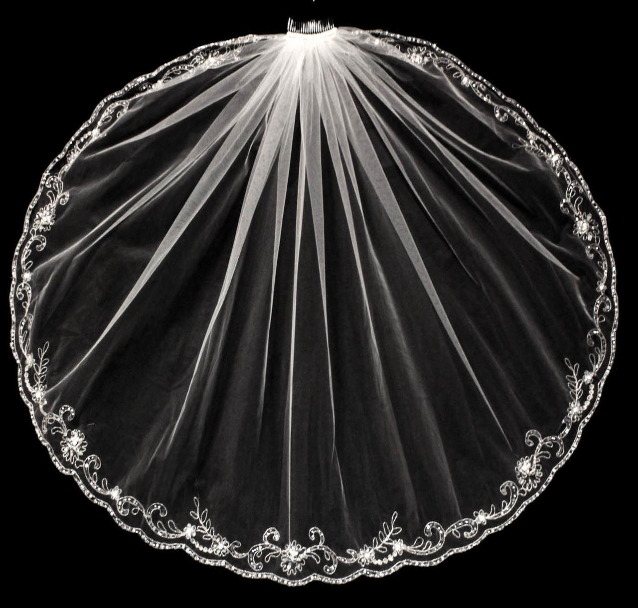 Noelle & Ava Collection - Elbow Length Extravagant Silver Thread Embroidered Veil, Small Scalloped Cut Grand Floral Design, With Brilliant Rhinestones, Bugle Beads, Pearls, Sequins