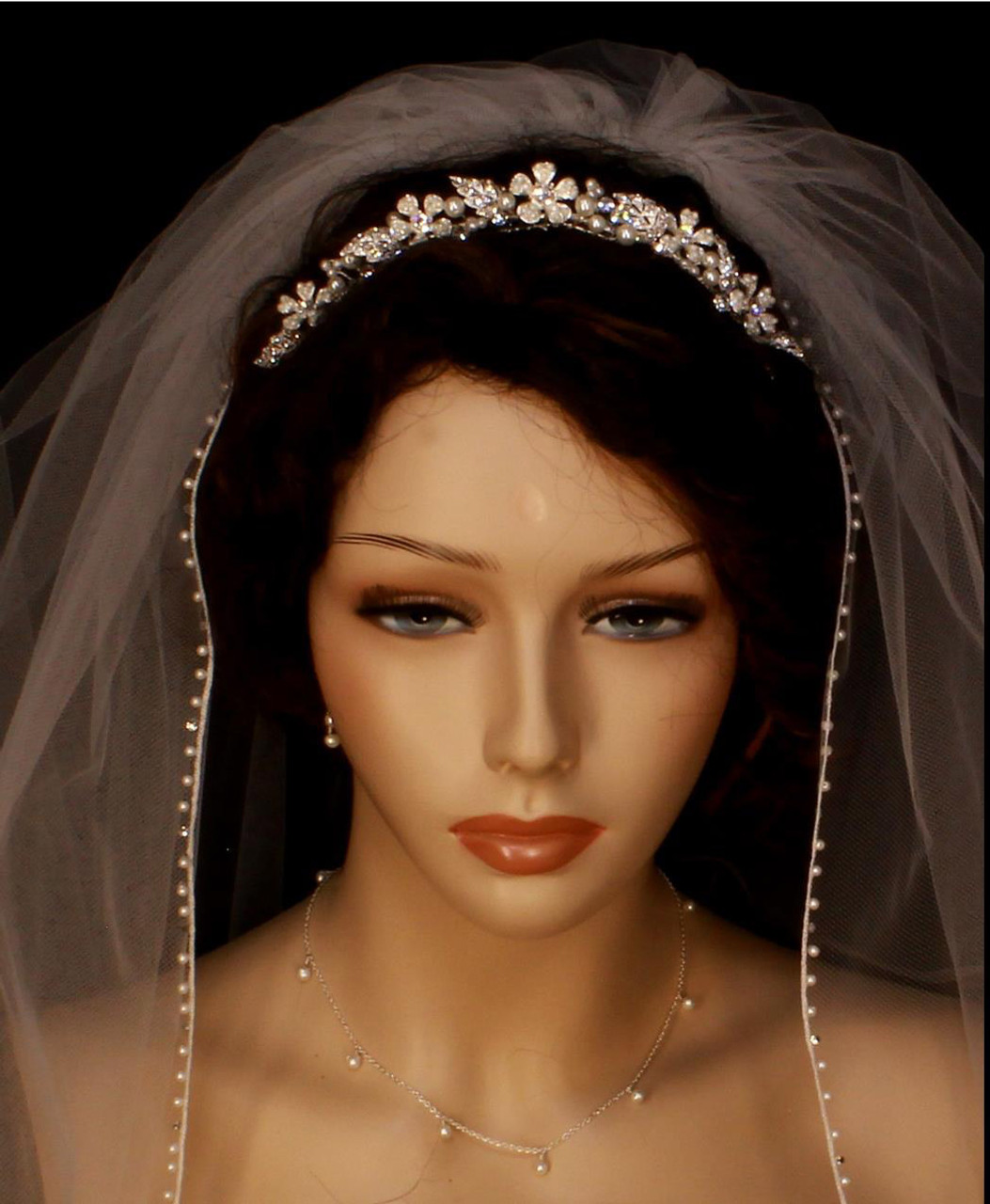 36 inches - Mariells Rhinestone Edge Fingertip Wedding Veil with Pearls,  Beads & Crystals - Ivory 3327V-I