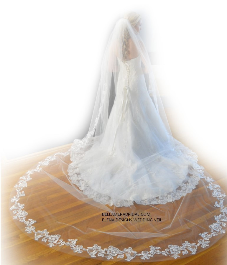 Elena Designs style E1212 - 165 Inches Long - Royal cathedral length veil with floral lace embroidery - Quick Ship Ivory