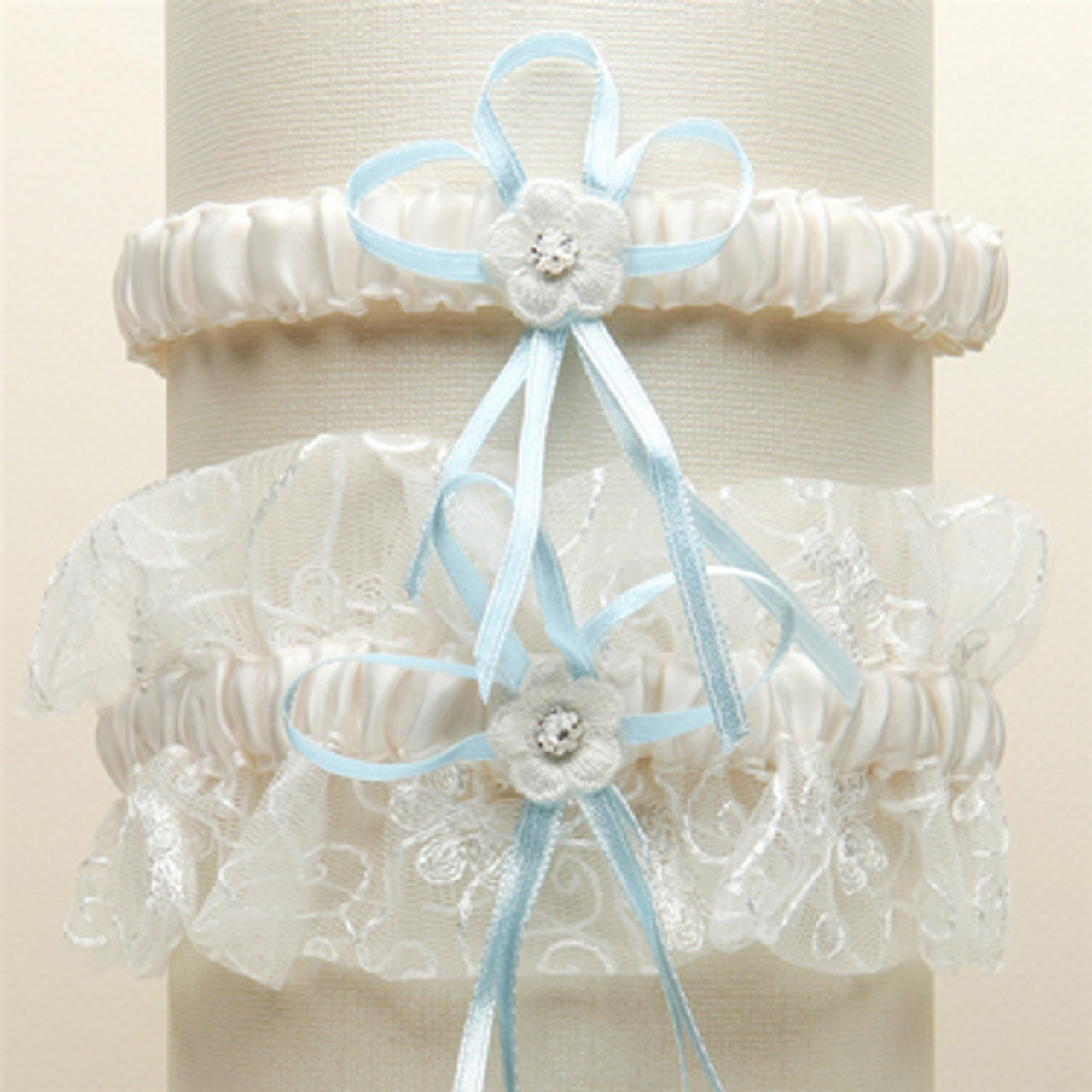 Vintage Wedding Garter Set with Floral Embroidered Tulle - Ivory with Blue G018-BL-I