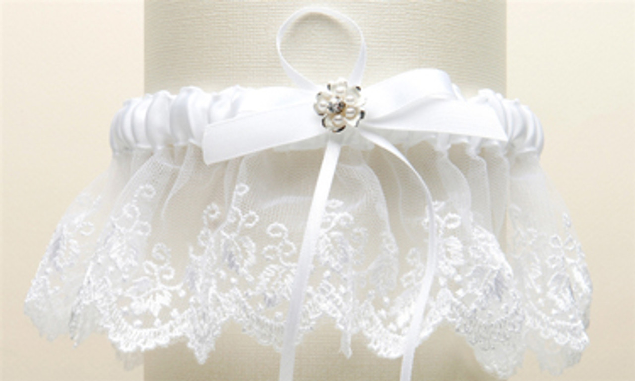 Embroidered White Lace Scalloped Garter with Brushed Silver Flower 3766G-W