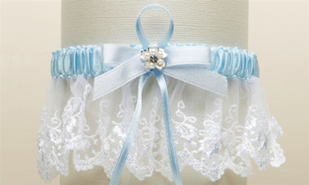 Embroidered White Lace Scalloped Something Blue Bridal Garter 3766G-W-BL