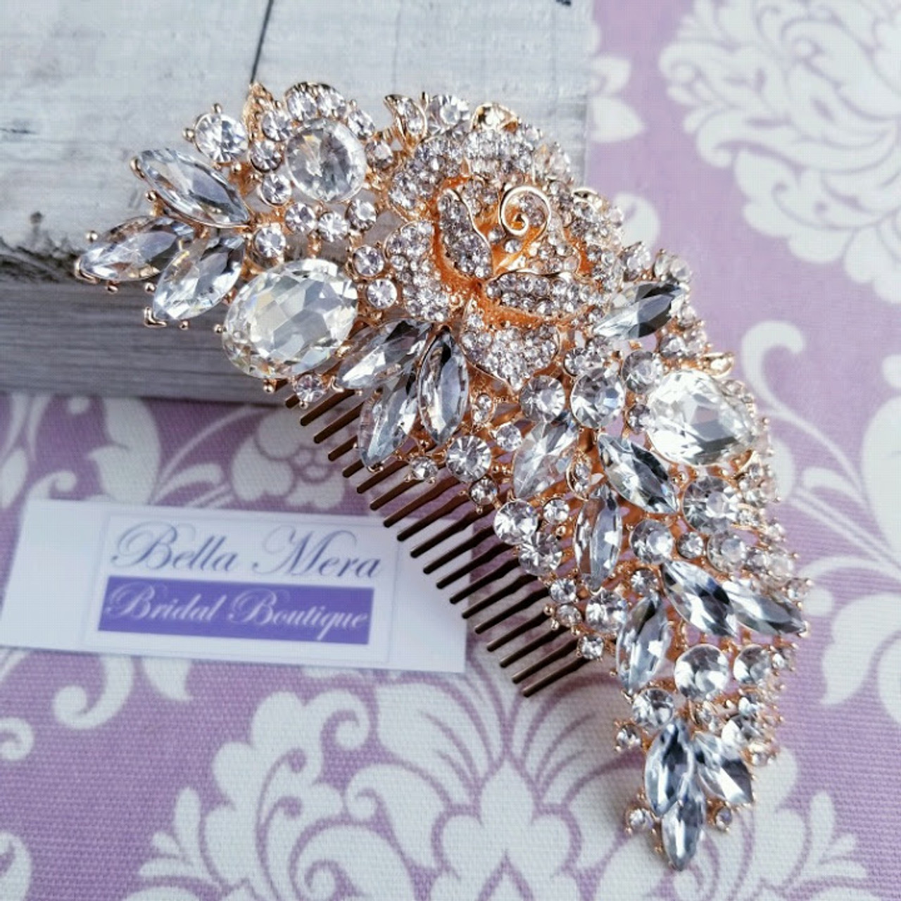Bella Mera Studio Rose Gold Rhinestone Crystal Flower Comb - C404