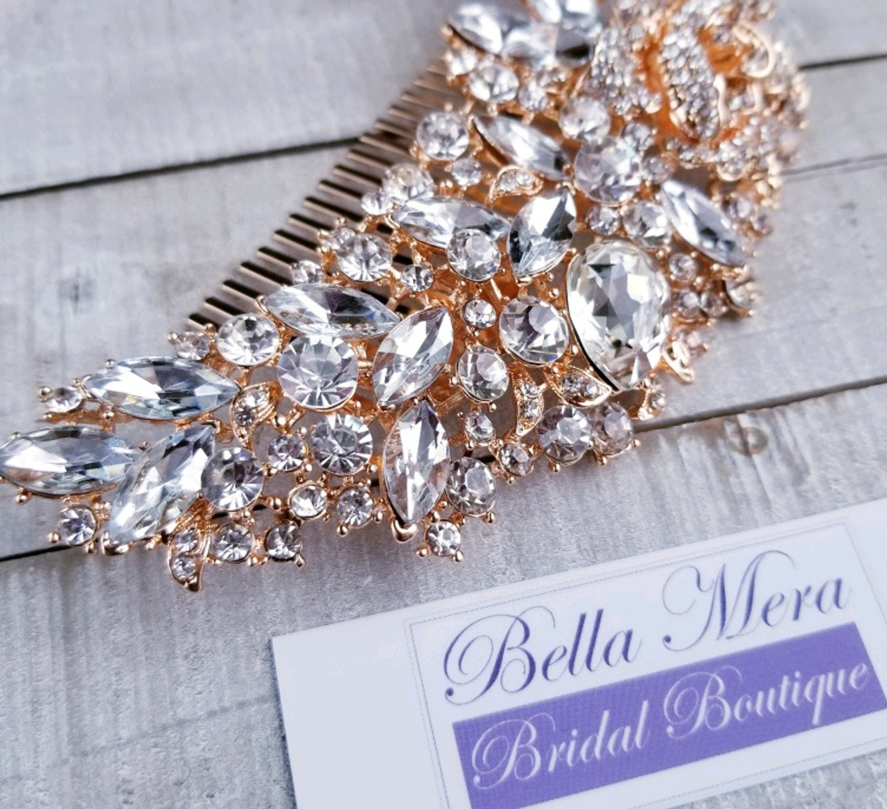 Bella Mera Studio Rose Gold Rhinestone Crystal Flower Comb - C404