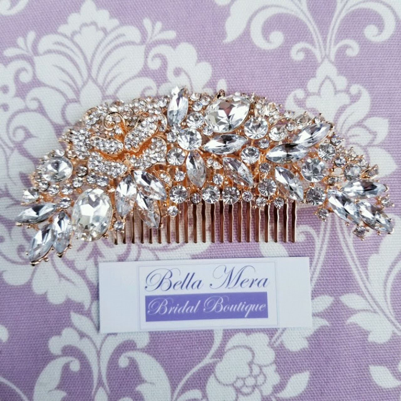 Bella Mera Studio Rose Gold Rhinestone Crystal Flower Comb - C404