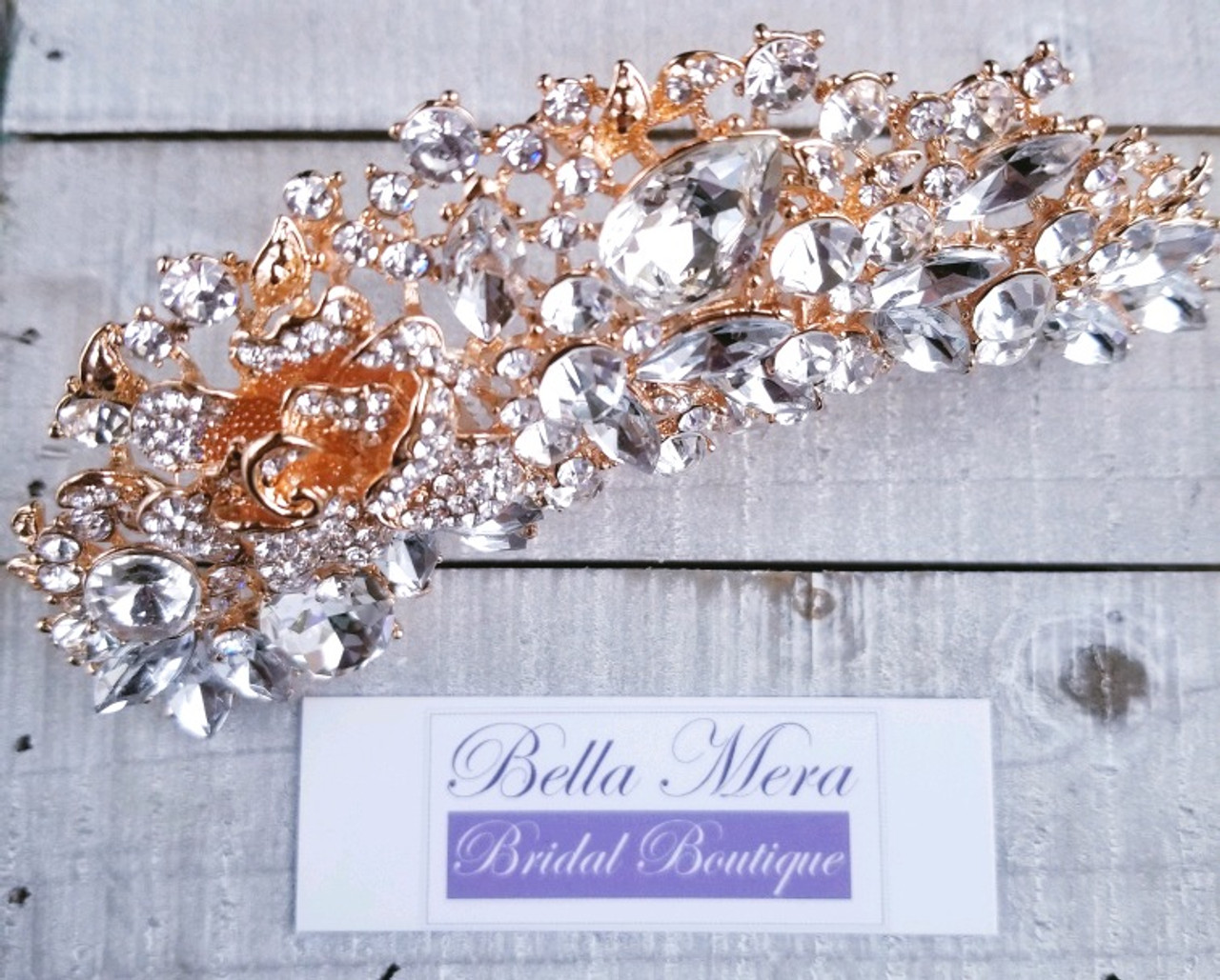 Bella Mera Studio Rose Gold Rhinestone Crystal Flower Comb - C404