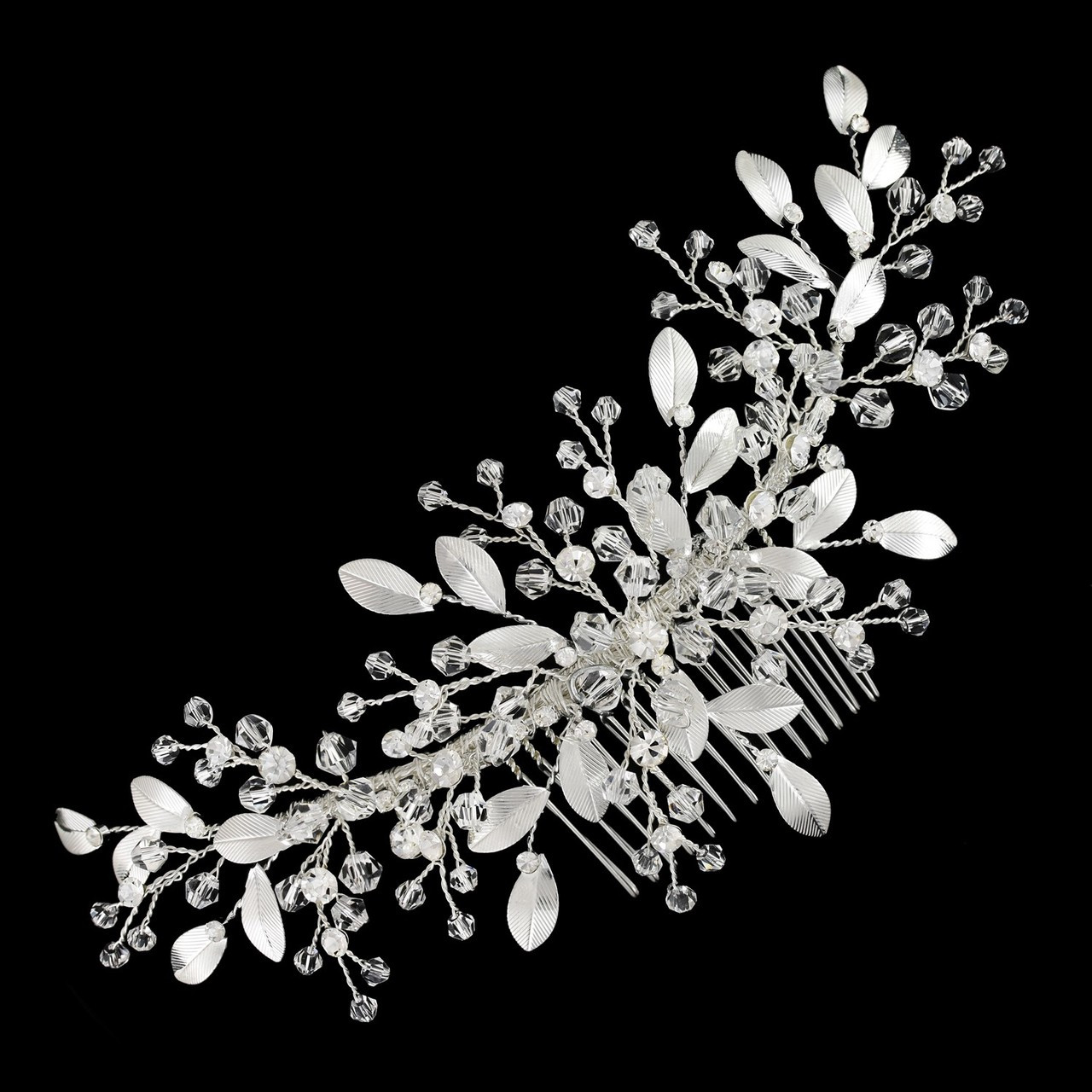 Bella Mera Studio Silver Hair Comb: Rhinestone & Crystal (6.5”L)