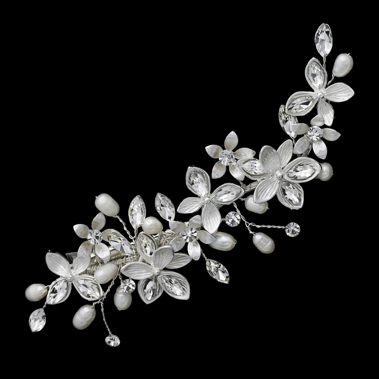 Bella Mera Studio Silver Hair clip: Rhinestone & Pearl / 4.5”x1.5”