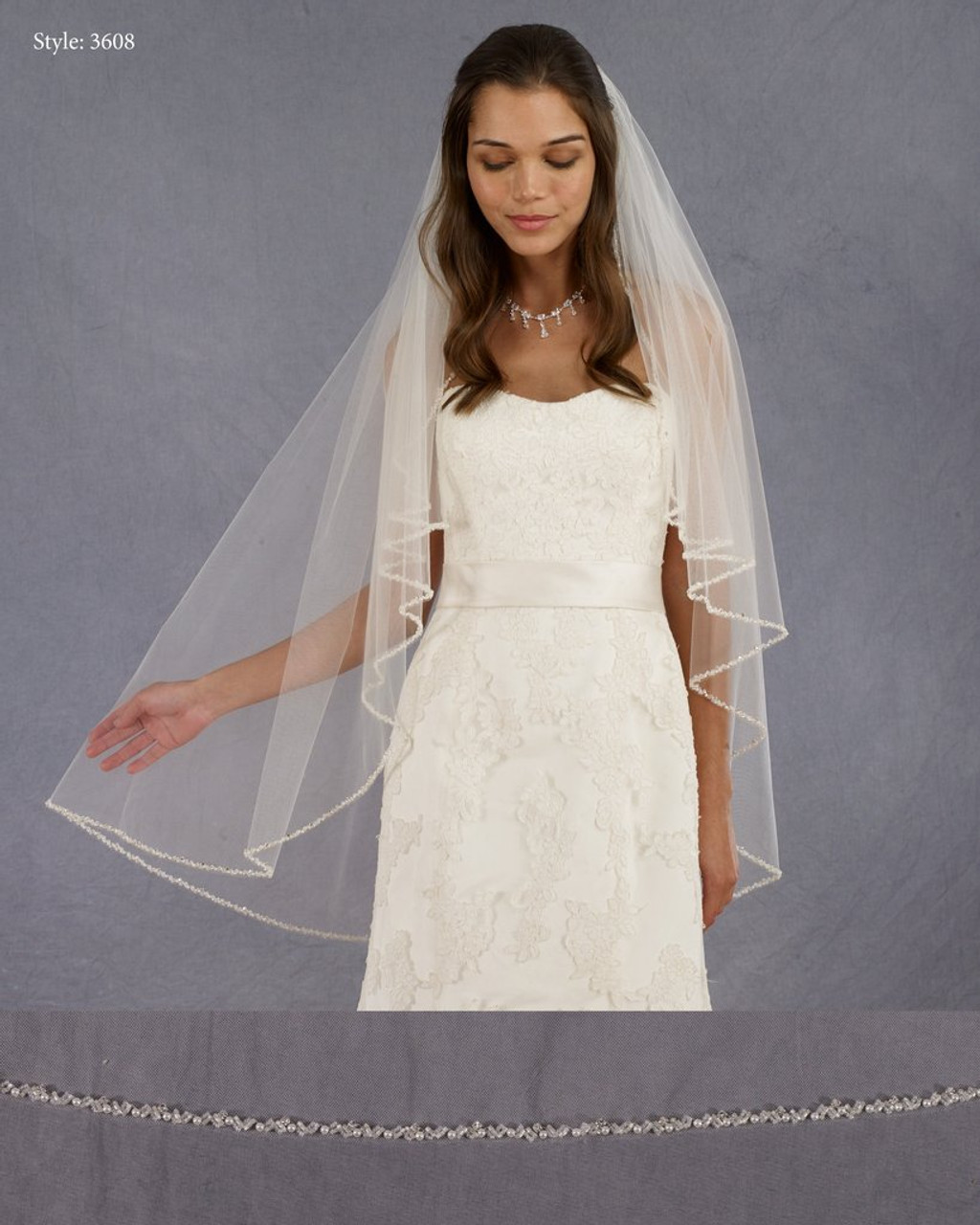 Marionat Bridal Veils 3608 - 42” Angel cut beaded pearl edge with rhinestones
