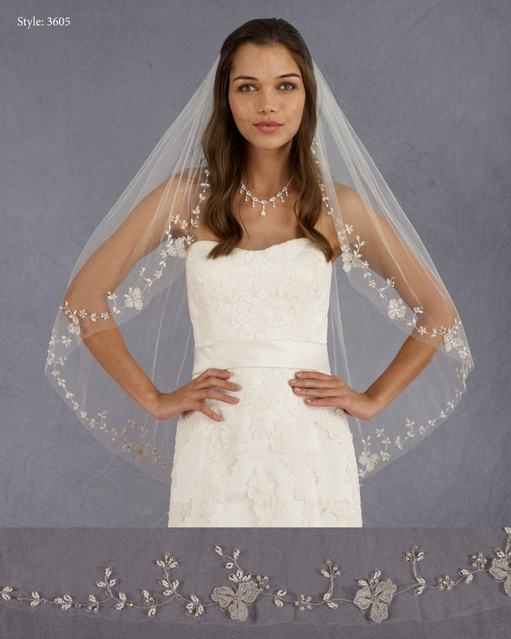 Marionat Bridal Veils 3605 - 2x36” Beaded embroidery with 3D flowers