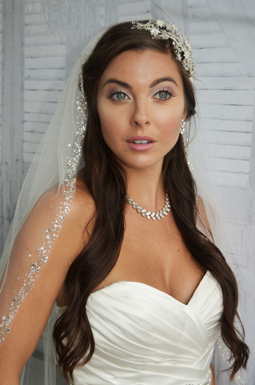 Ansonia Bridal Veil Style 739L - 108" - Heavy Beaded Cathedral Edge Veil With Bugle Beads and Pearls