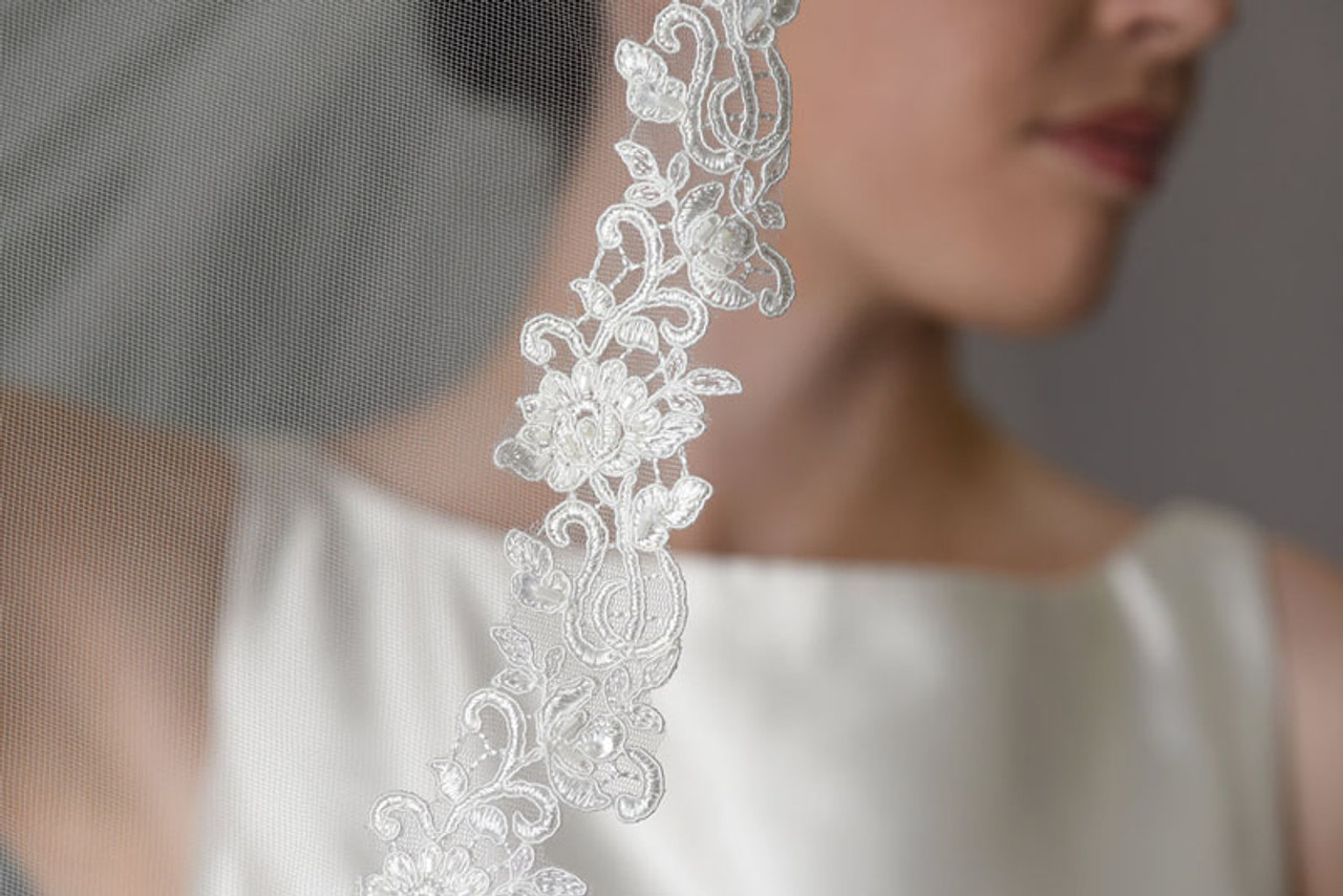 Erica Koesler Wedding Veil 905-35 - (35" inches long) - Lace beaded with bugle beads & pearls
