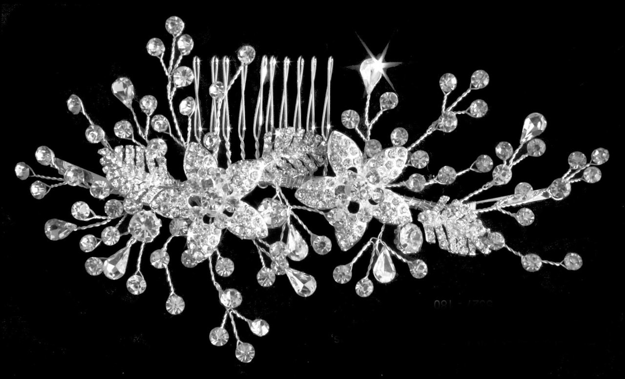 Noelle & Ava Rhinestone comb with two flowers, three leaves 