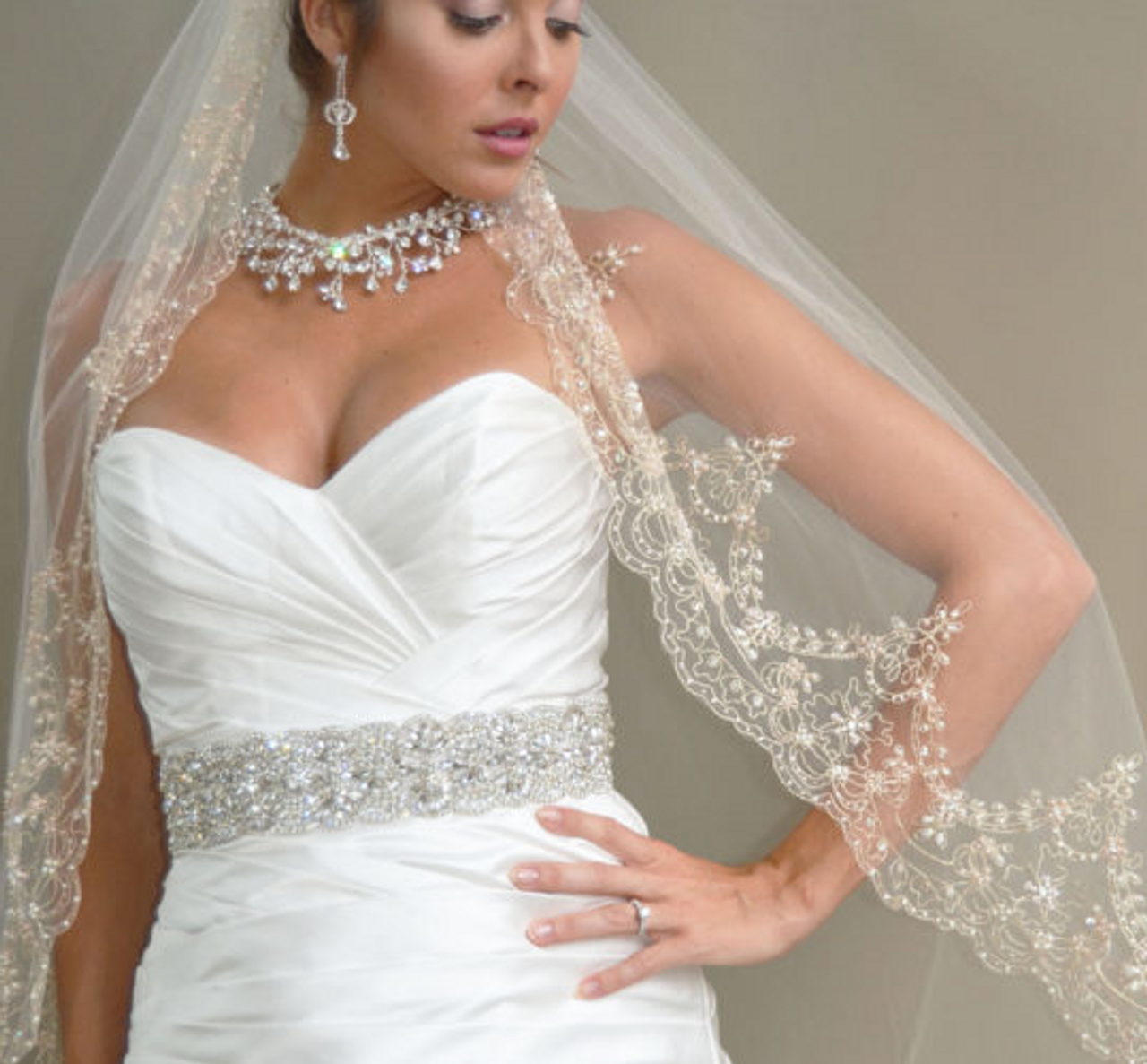 Elena Designs Wedding Veil Style E1184L - 45 Inches - Gold Embroidered -  Champagne Beads - Pearls - Sequins