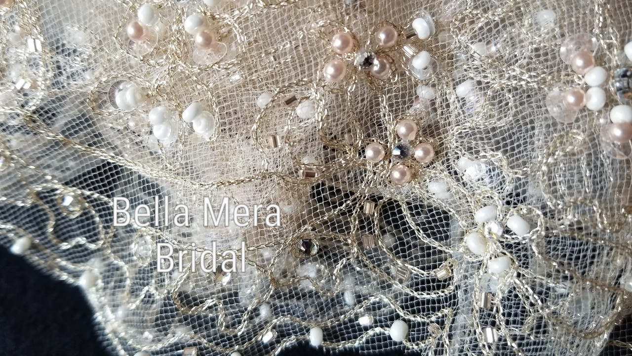 Elena Designs Wedding Veil Style E1184L - 45 Inches - Gold Embroidered -  Champagne Beads - Pearls - Sequins