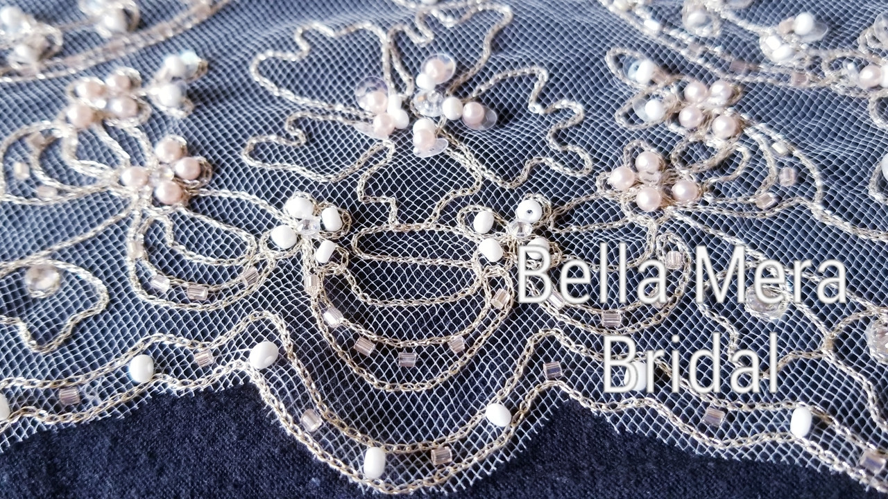 Elena Designs Wedding Veil Style E1184L - 45 Inches - Gold Embroidered -  Champagne Beads - Pearls - Sequins