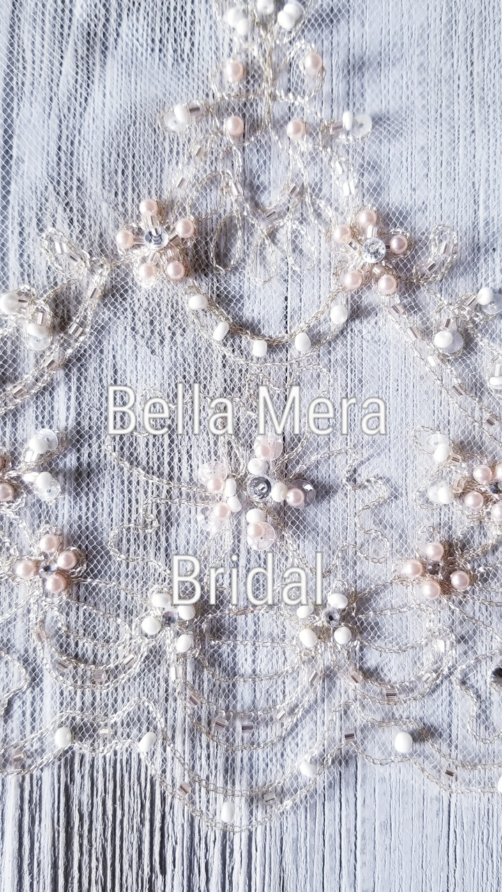 Elena Designs Wedding Veil Style E1184L - 45" Inches - Gold Embroidered - Champagne Beads - Pearls - Sequins