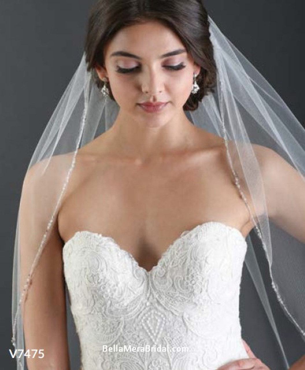 Bel Aire Bridal Veils V7240- One Tier Fingertip Veil with Beaded Venise Lace