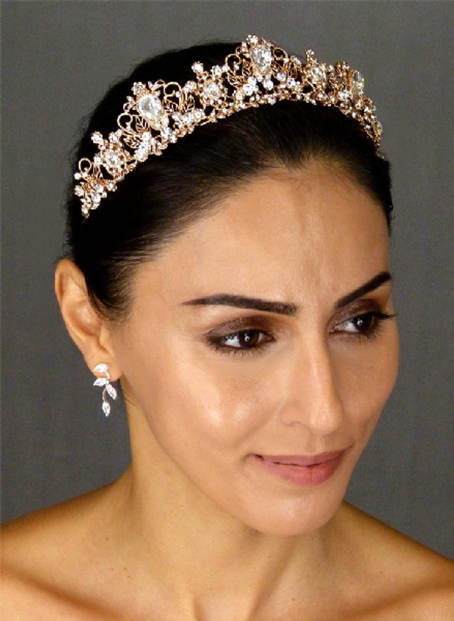 LC Bridal 1879-440 Rose Gold Tiara accented with chunky crystal rhinestones