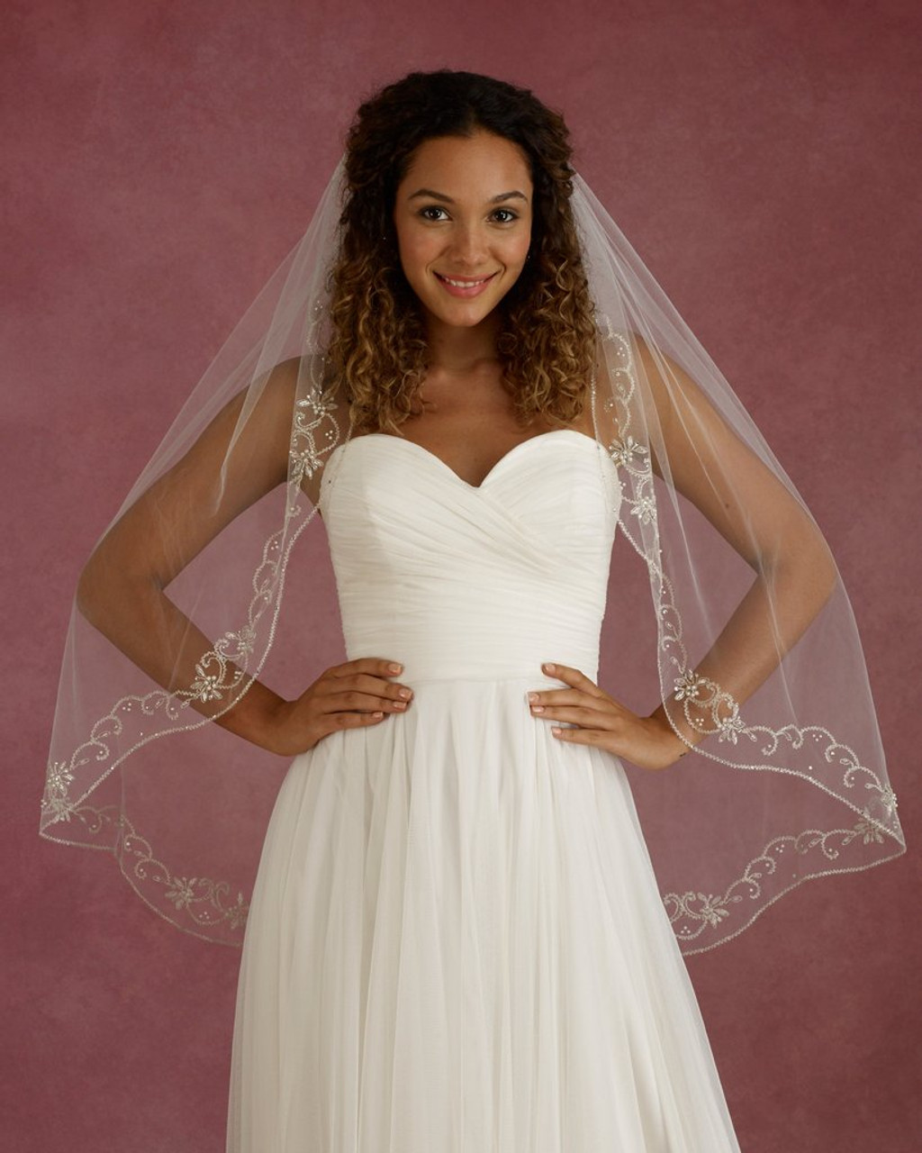 Marionat Bridal Veils 3661 - 42” Long modified scalloped beaded embroidered design with pearls and rhinestones