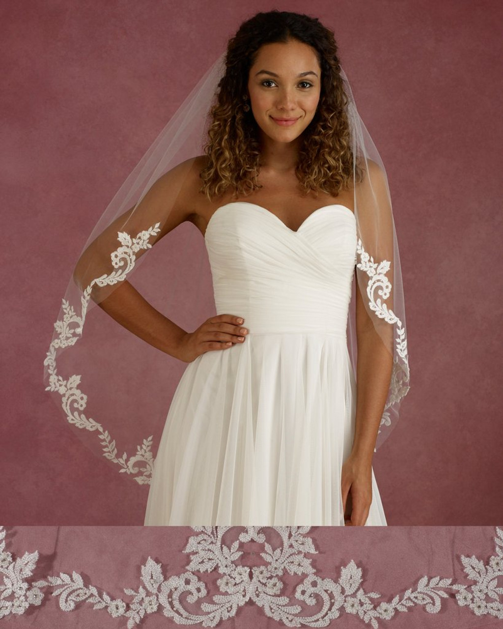 Marionat Bridal Veils 3674 - 40” Long lace veil with pearls and rhinestone - The Bridal Veil Company