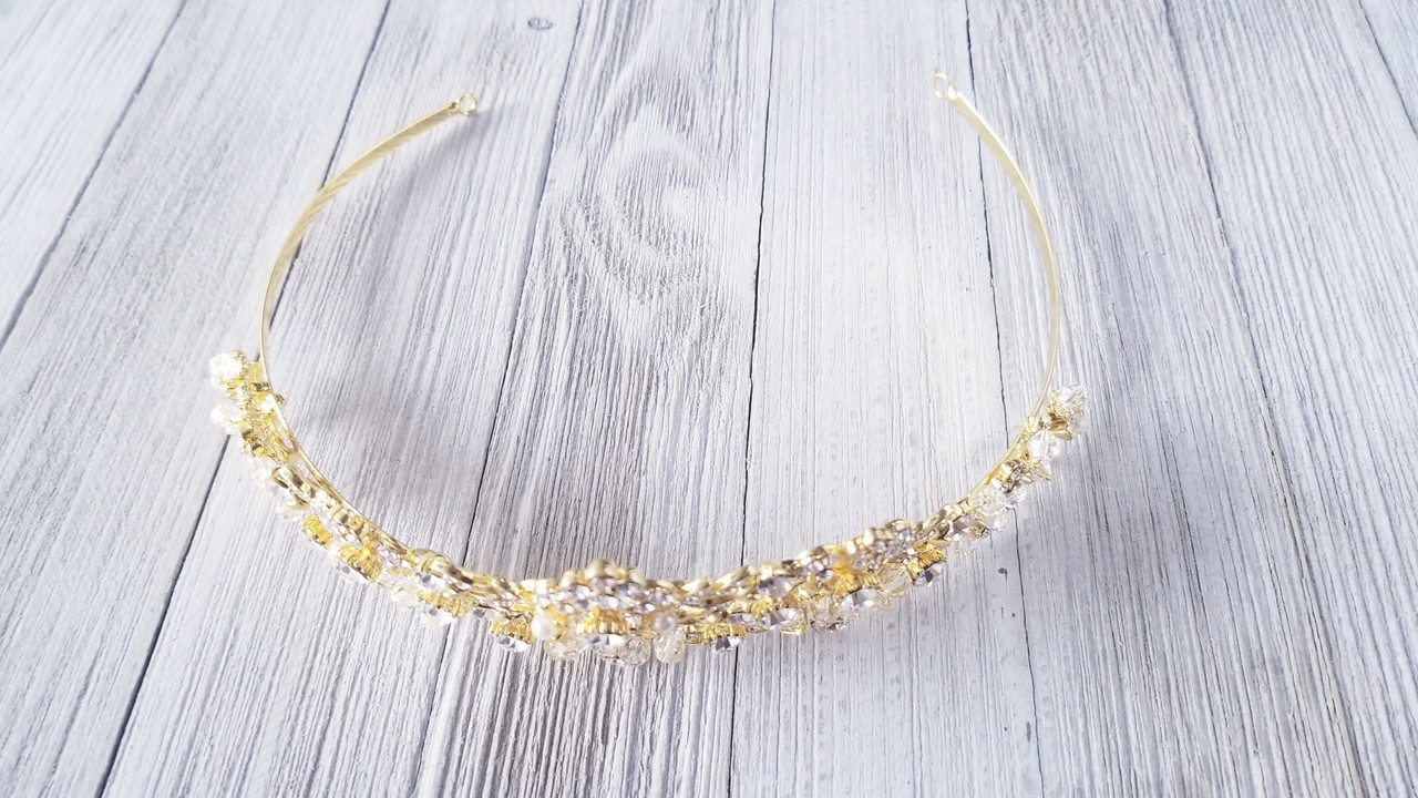 Bella Mera Studio - Crystal Tiara - Pearls And Rhinestone Encrusted Leaves