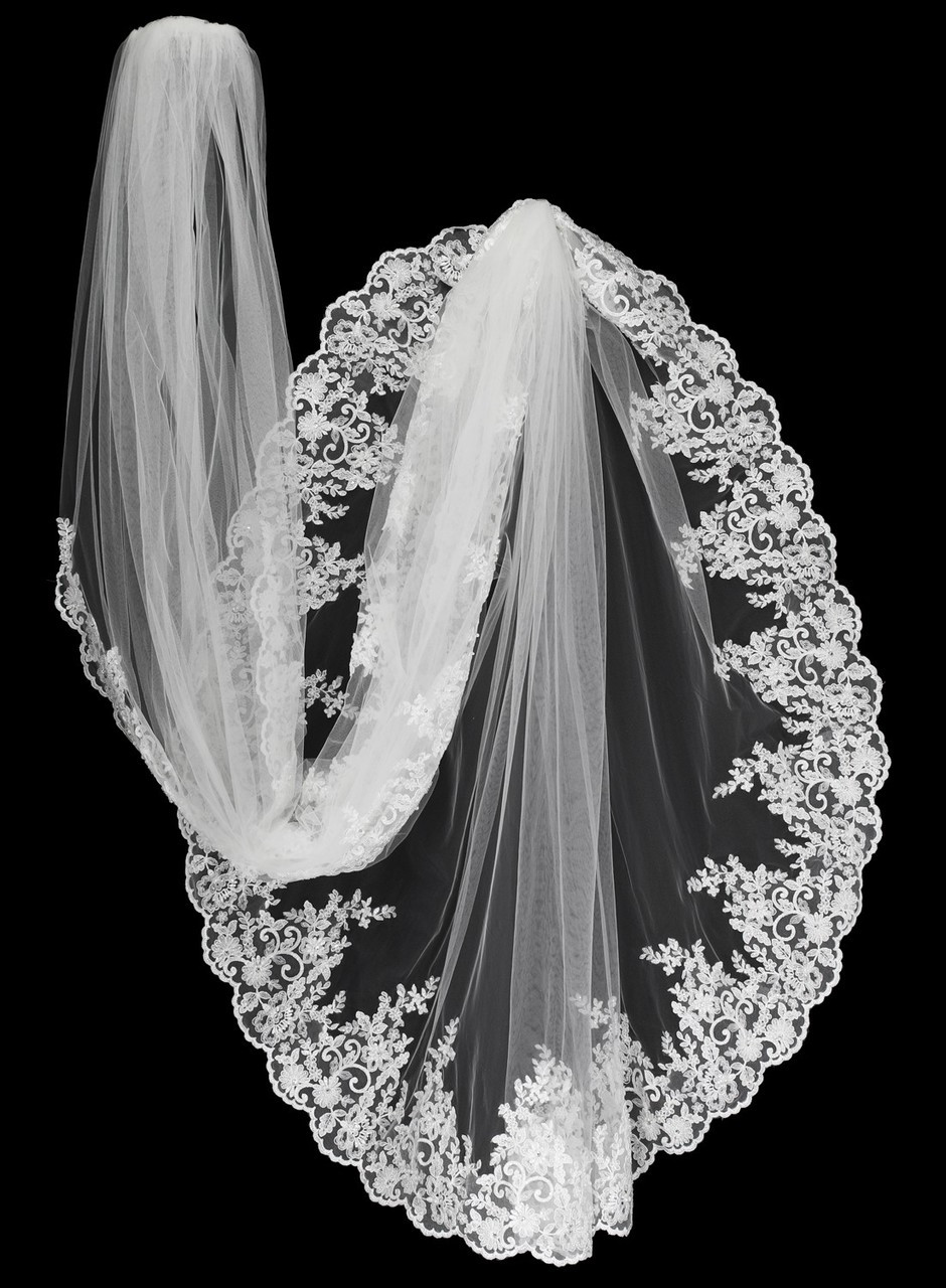 Bella Mera Studio - Cathedral Beaded Lace Veil - Scallop Edge (108"L)