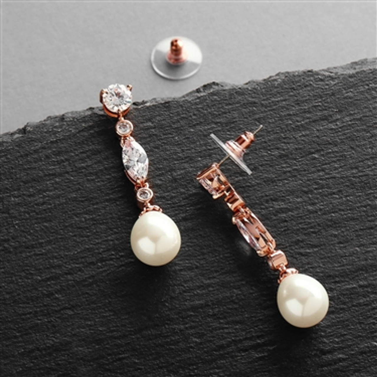 Rose Gold Linear CZ and Pearl Wedding Earrings 3035E-RG
