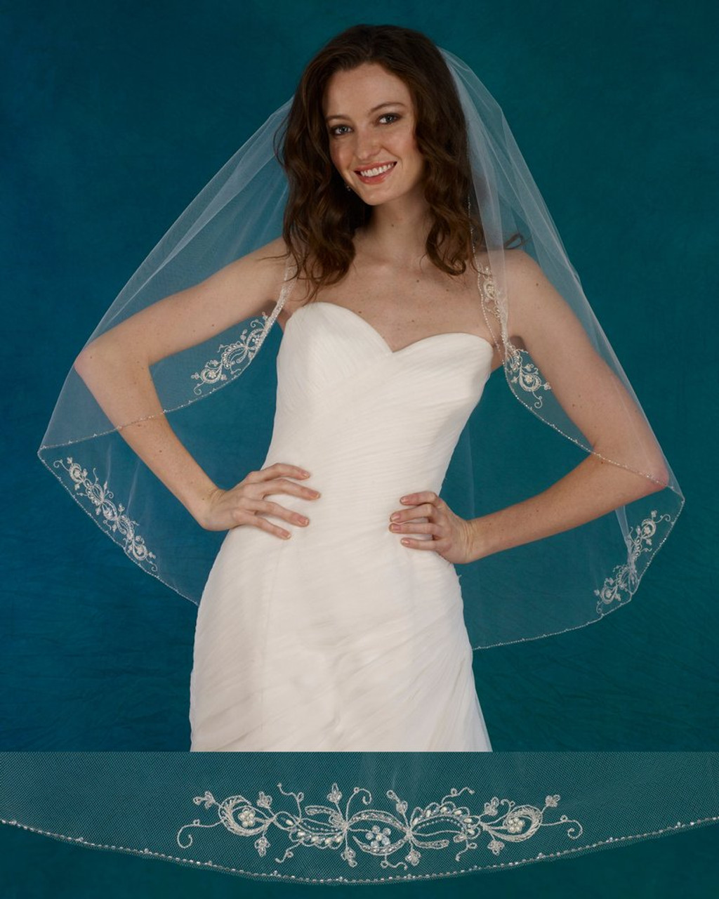 Marionat Bridal Veils 3820 - 36” Ivory beaded edge with pearls and  rhinestones - The Bridal Veil Company