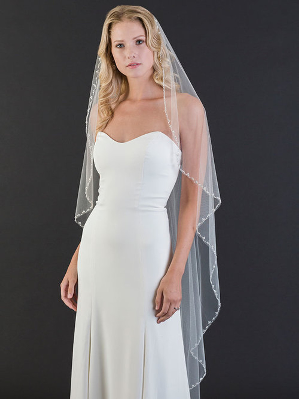 Bel Aire Bridal Veils V7357 1-tier fingertip veil with Baroque designs