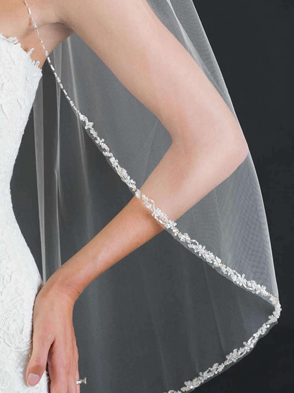 Bel Aire Bridal Veils V7456 - 1-tier fingertip veil with narrow edge of  pearls, beads, and rhinestones