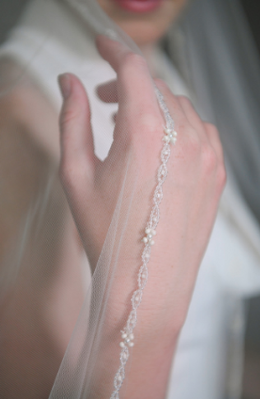 Erica Koesler Wedding Veil 935-100 - (100" inches long) - Delicate pearl floral, seed bead edge on a silver comb