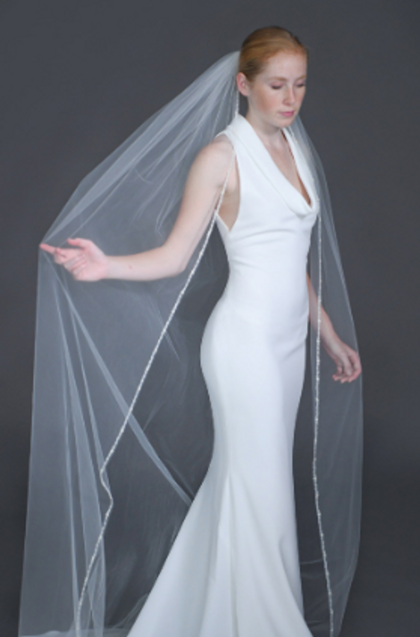 Erica Koesler Wedding Veil 935-100 - (100" inches long) - Delicate pearl floral, seed bead edge on a silver comb