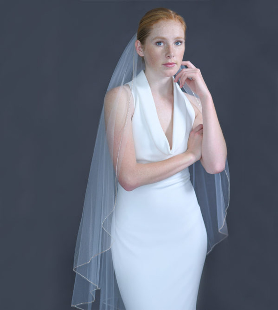 Erica Koesler Wedding Veil 945-45 - (45" inches long) - Flutter cut, beaded edge, seed beads & metal comb