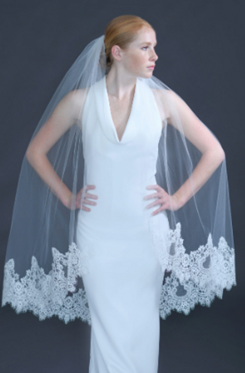 Erica Koesler Wedding Veil 959-45 - (45" inches long) - Cotton Chantilly lace & cut edge wire comb