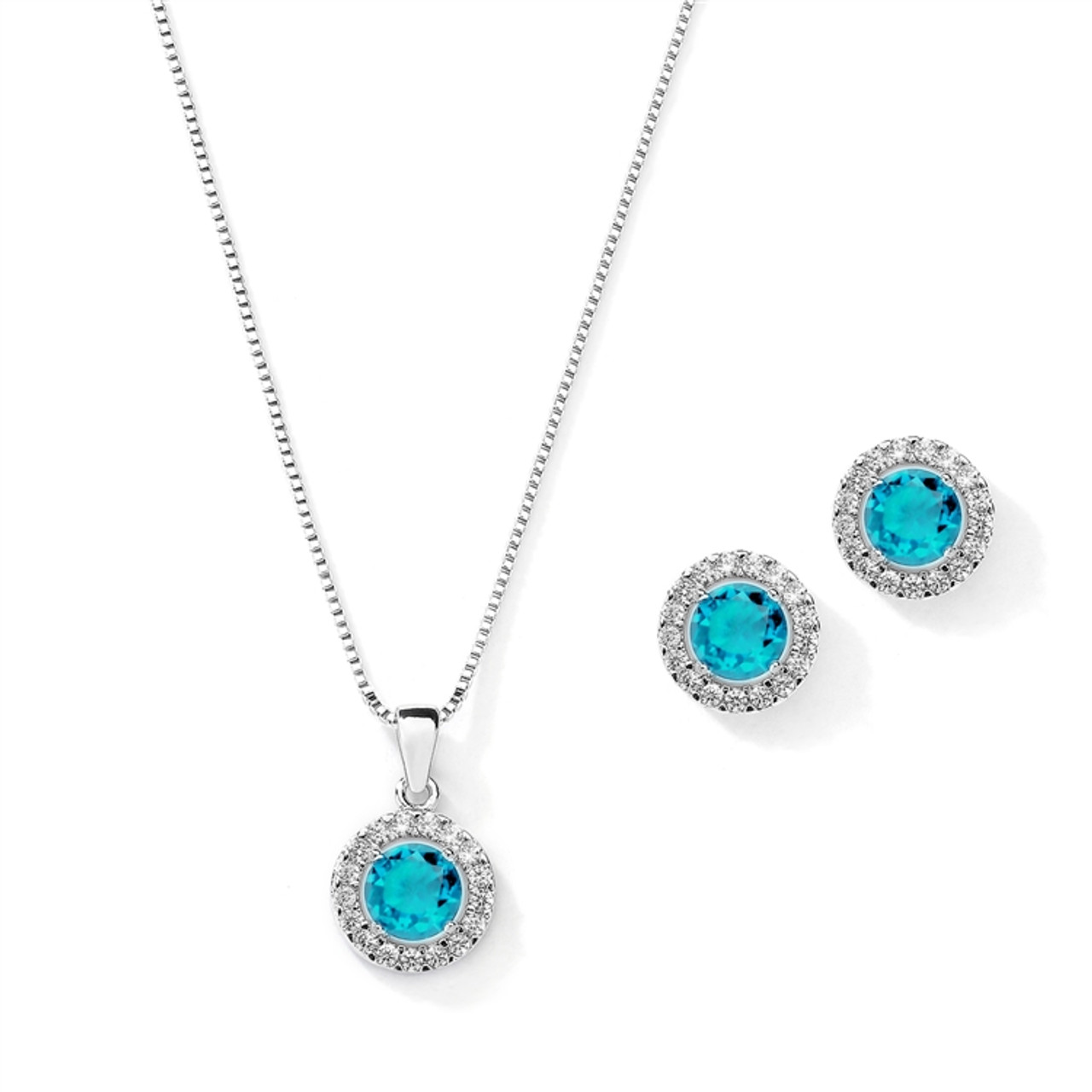 Mariell Gleaming Cubic Zirconia Round Shape Halo Necklace and Stud Earrings Set - Aqua 4552S-AQ