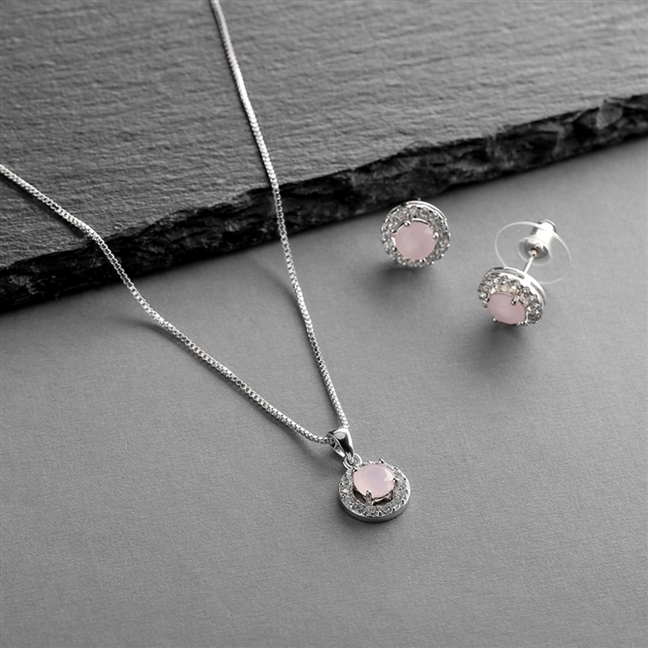 Cubic Zirconia Round Shape Halo Necklace and Stud Earrings Set - Pink Opal 4552S-PK