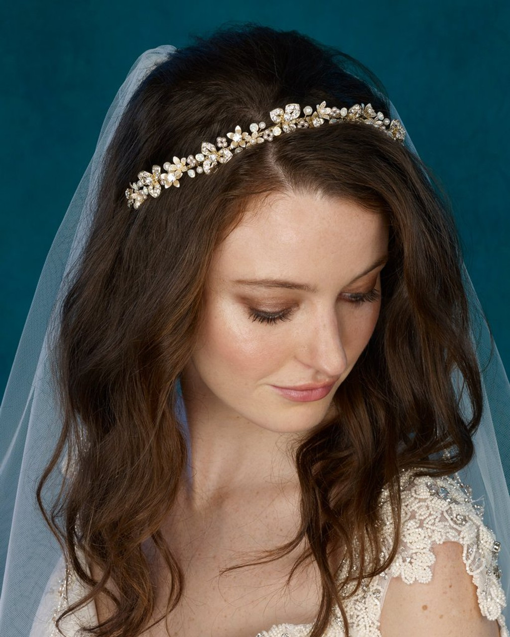 Marionat 8974 Gold band with rhinestones, ivory and blush pearls, opals and metal flowers