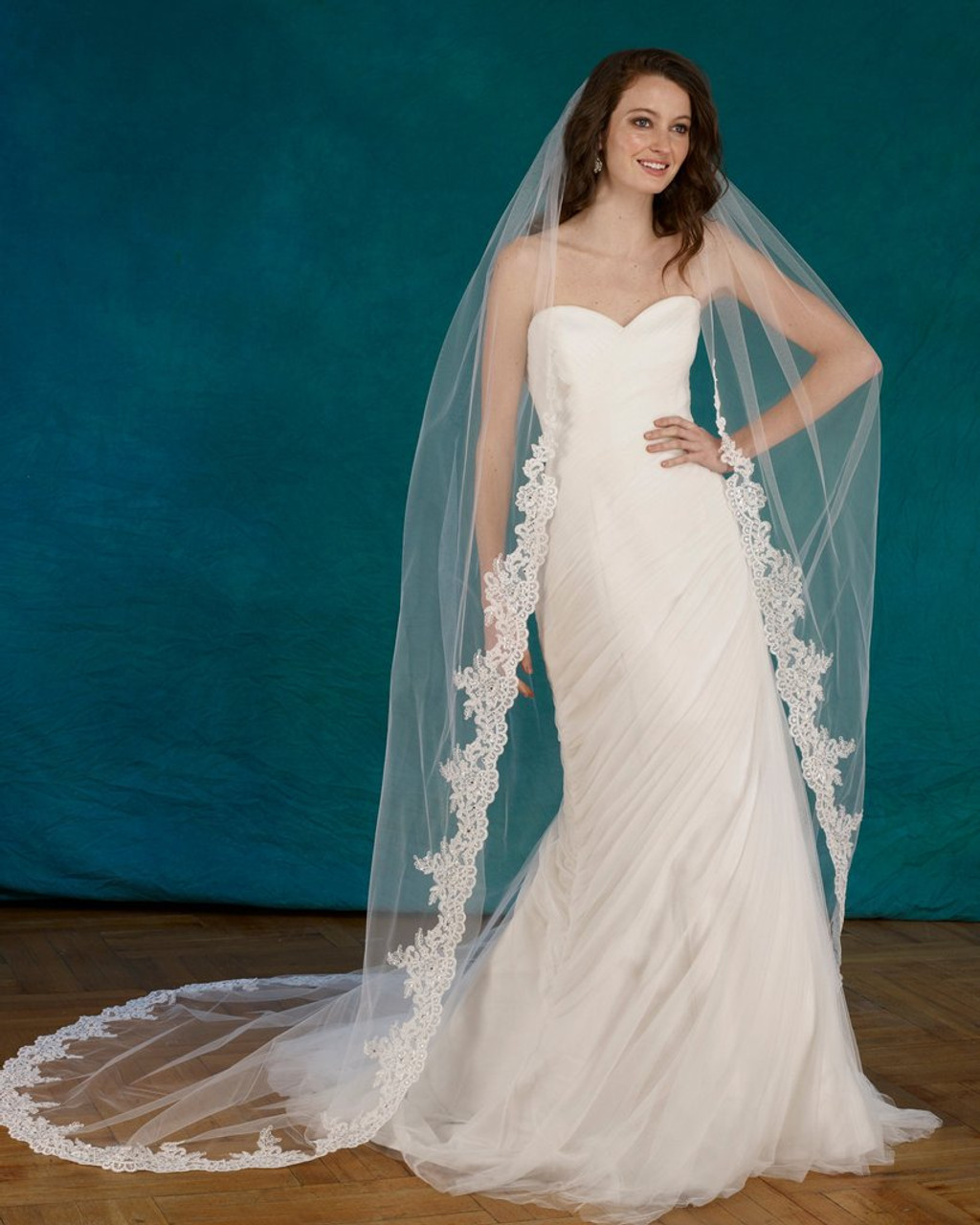 Marionat Bridal Veils 3700 - 108” Beaded alencon lace veil with rhinestones