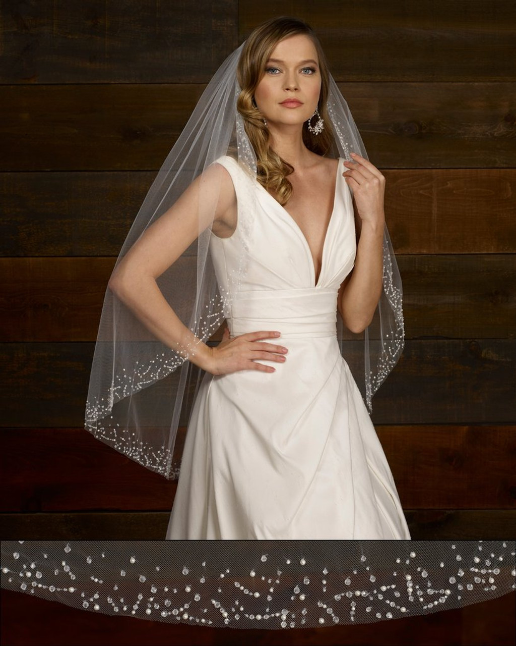 One Blushing Bride Pearl Cathedral Length Wedding Veil with Scattered Beading Off White/ Diamond / 2 Layer Veil